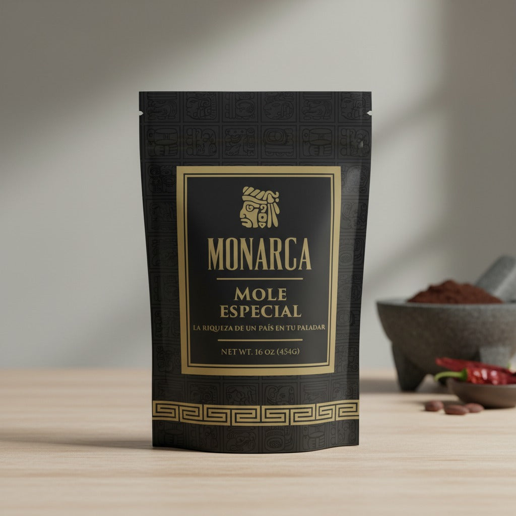 Black Monarca Mole Especial package on a wooden surface with a blurred background