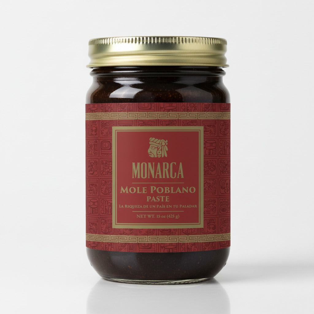 Jar of Monarca Mole Poblano Paste on a white background
